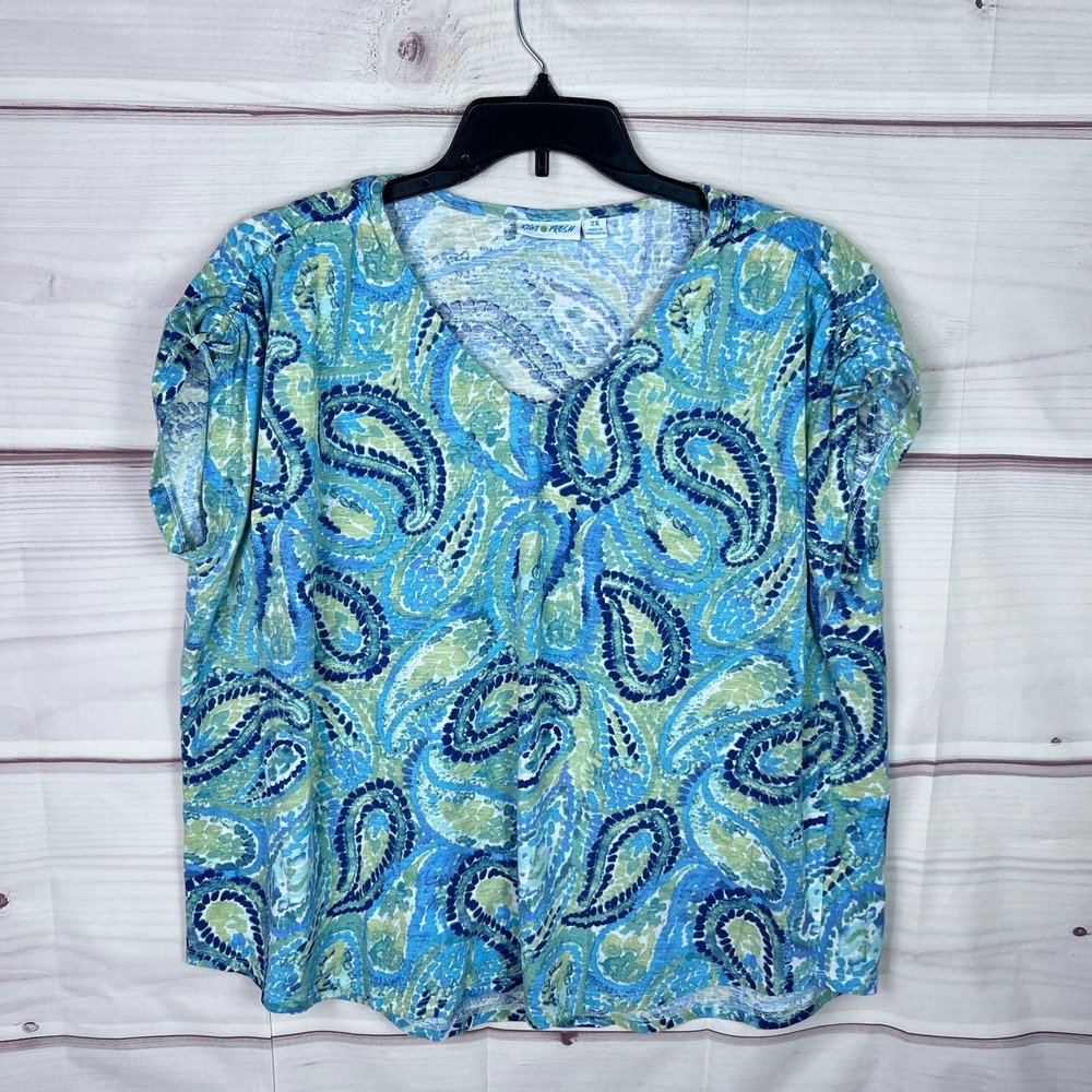 Kiwi‎ Fresh Top Womens 2X Blue Green Paisley T-Shirt V-neck Drawstring Sleeve